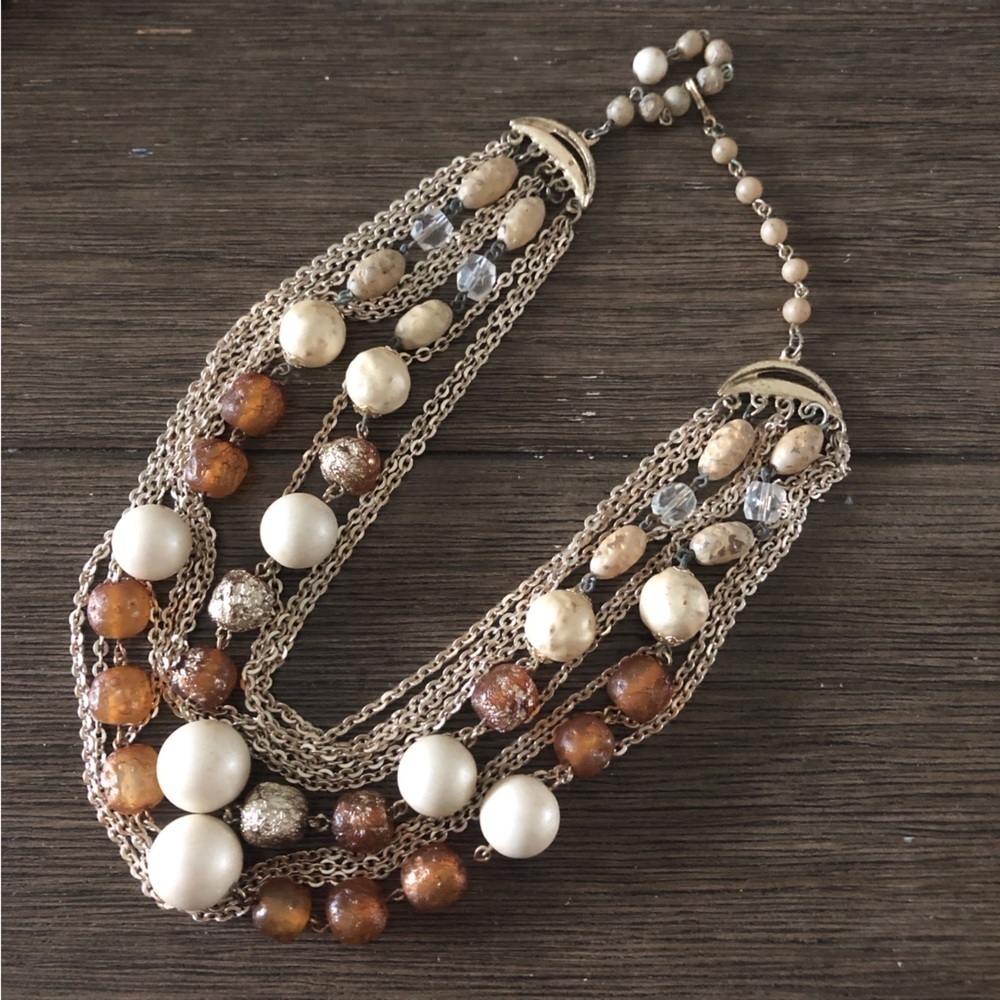 Vintage beaded and chain layered choker collar necklace